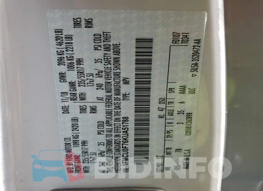 1FMCU0F76KUA51788 Photo# 13
