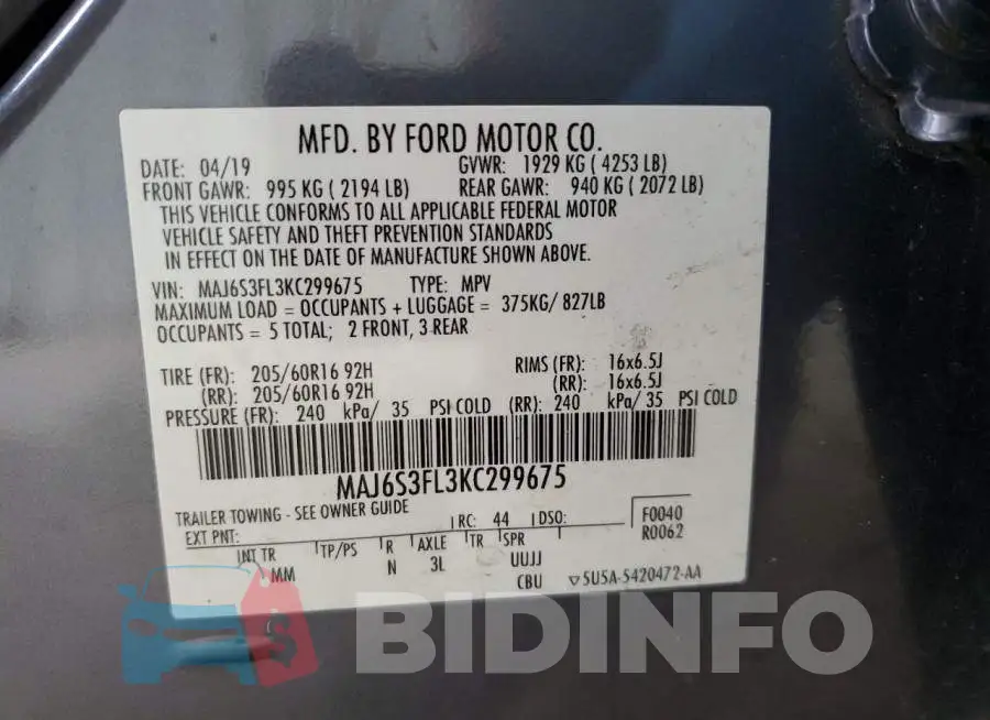 MAJ6S3FL3KC299675 Photo# 13
