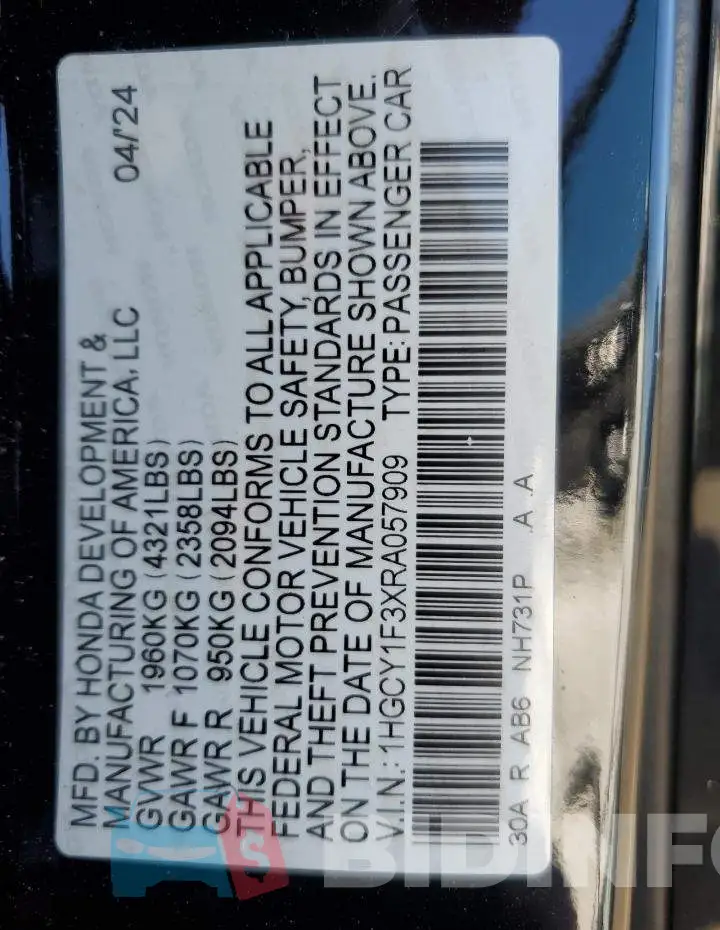 1HGCY1F3XRA057909 Photo# 12