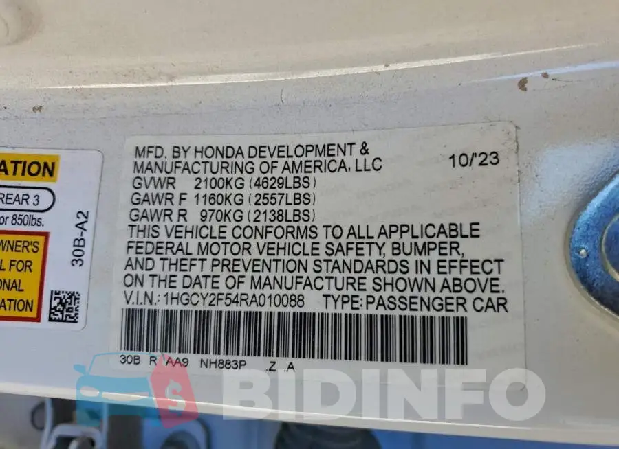 1HGCY2F54RA010088 Photo# 13