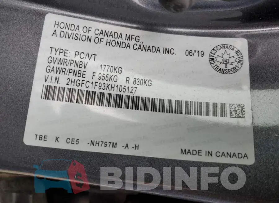 2HGFC1F93KH105127 Photo# 12