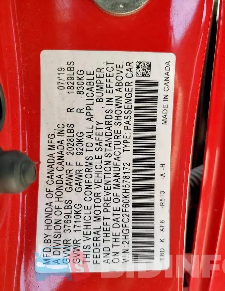 2HGFC2F60KH578172 Photo# 12