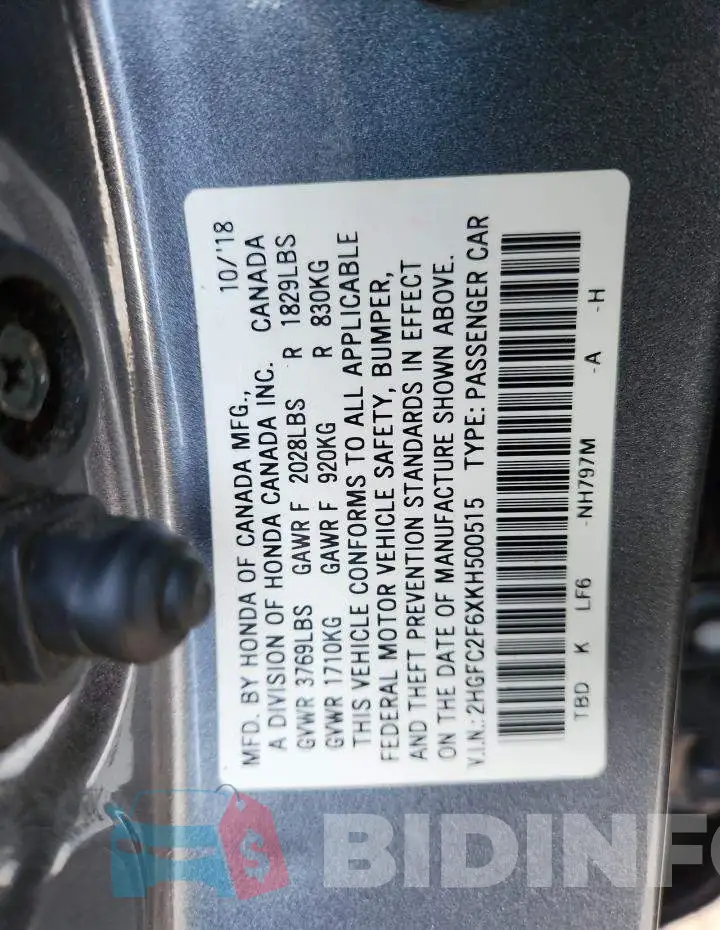 2HGFC2F6XKH500515 Photo# 12