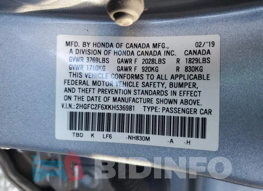 2HGFC2F6XKH536981 Photo# 12