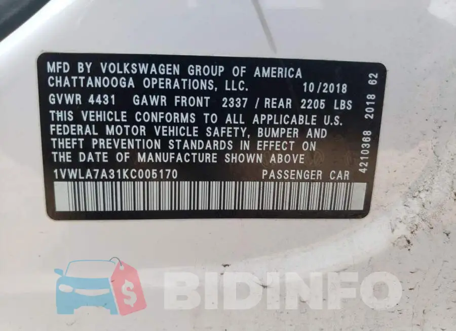 1VWLA7A31KC005170 Photo# 12