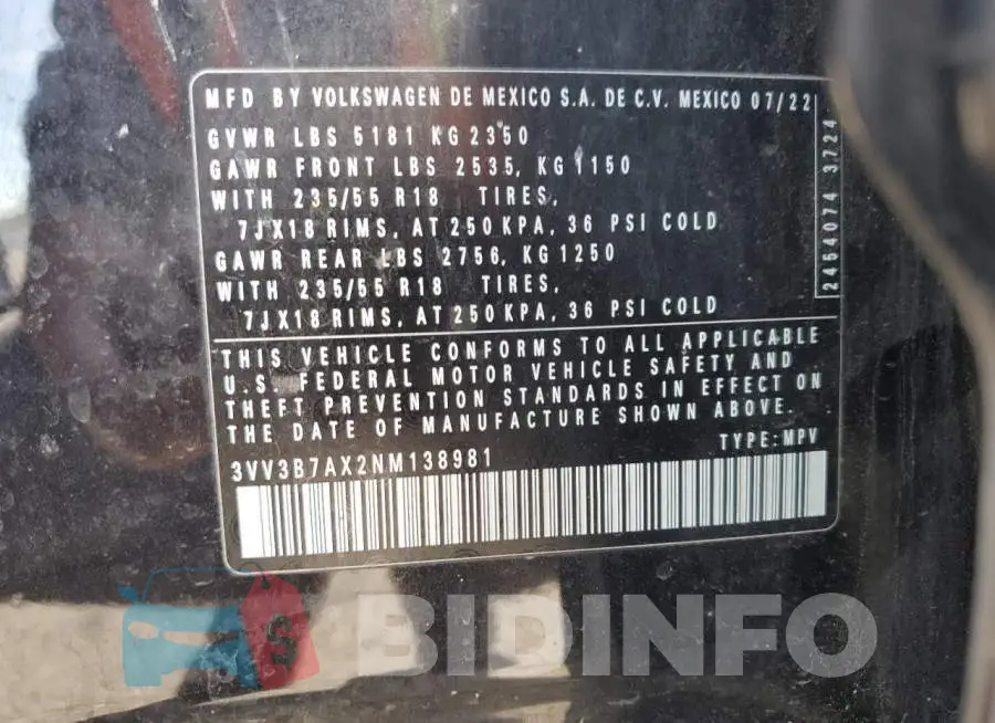 3VV3B7AX2NM138981 Photo# 13