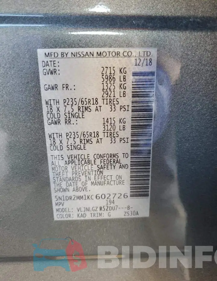 5N1DR2MM1KC602726 Photo# 13