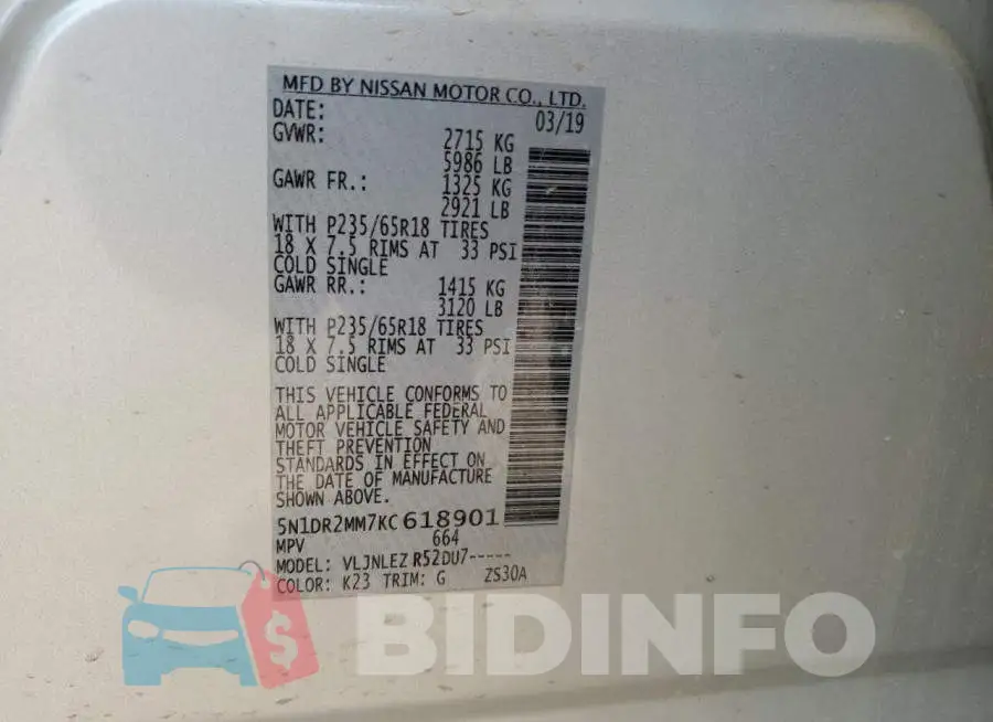 5N1DR2MM7KC618901 Photo# 12