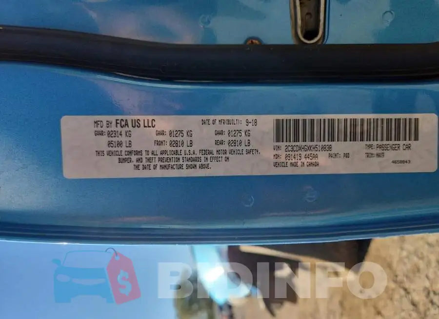 2C3CDXHGXKH510838 Photo# 13