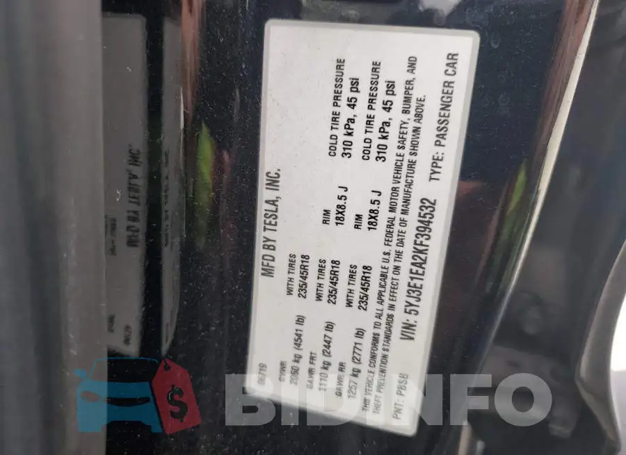 5YJ3E1EA2KF394532 Photo# 12