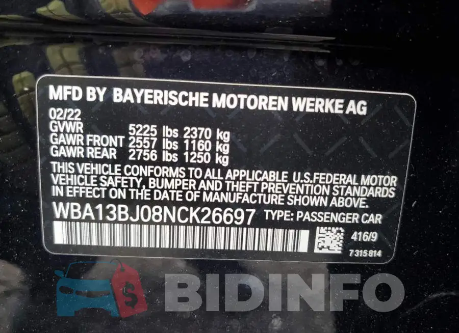 WBA13BJ08NCK26697 Photo# 12