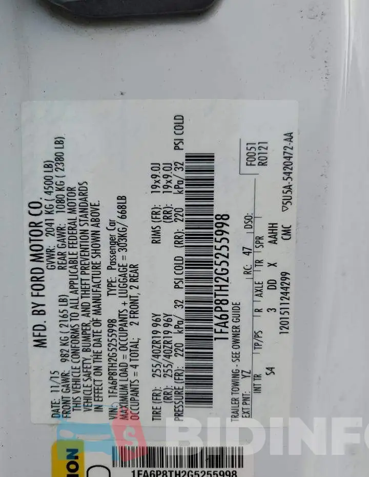 1FA6P8TH2G5255998 Photo# 13