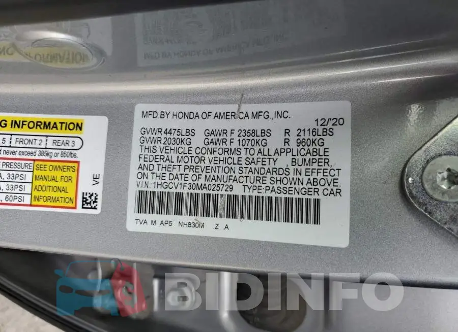1HGCV1F30MA025729 Photo# 12
