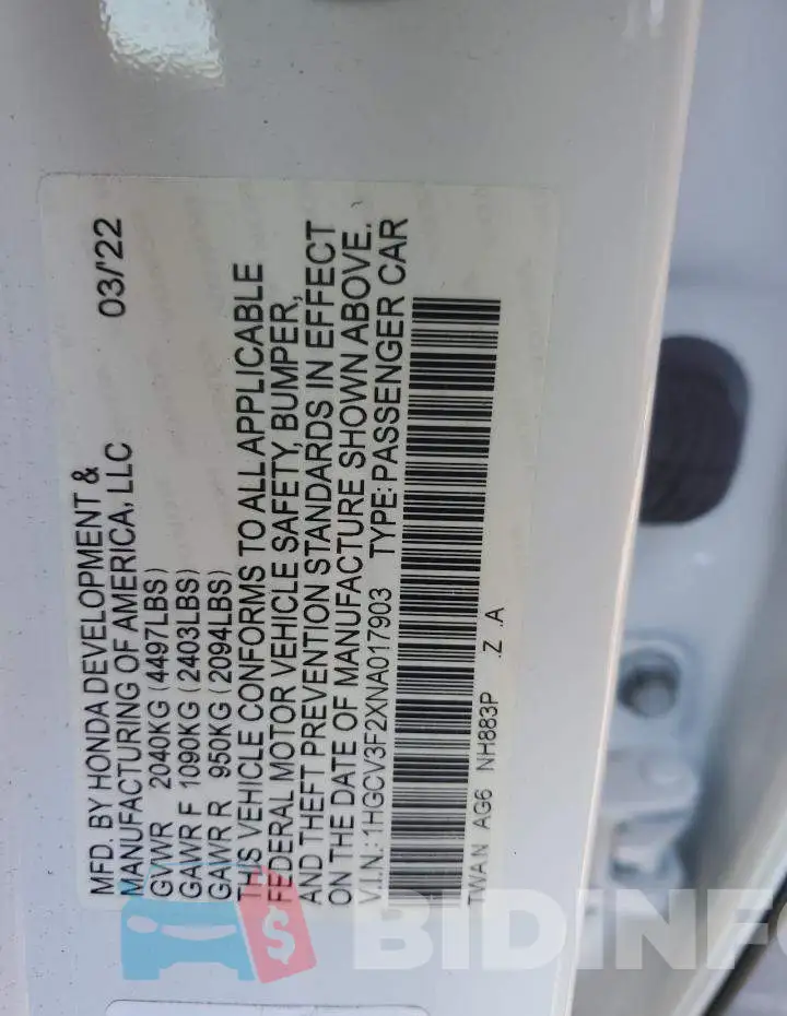 1HGCV3F2XNA017903 Photo# 12