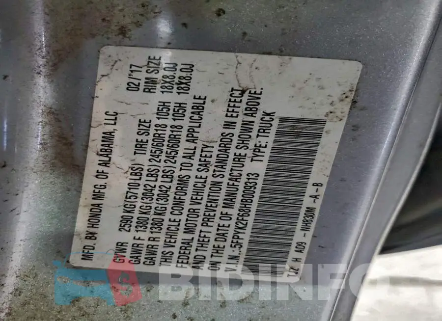 5FPYK2F68HB009313 Photo# 12