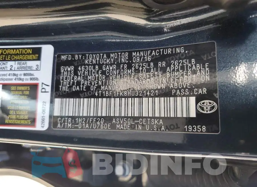 4T1BF1FK8HU321421 Photo# 12
