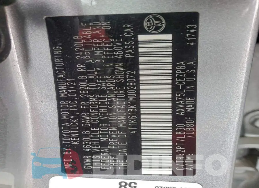 4T1K61BK1MU028072 Photo# 12