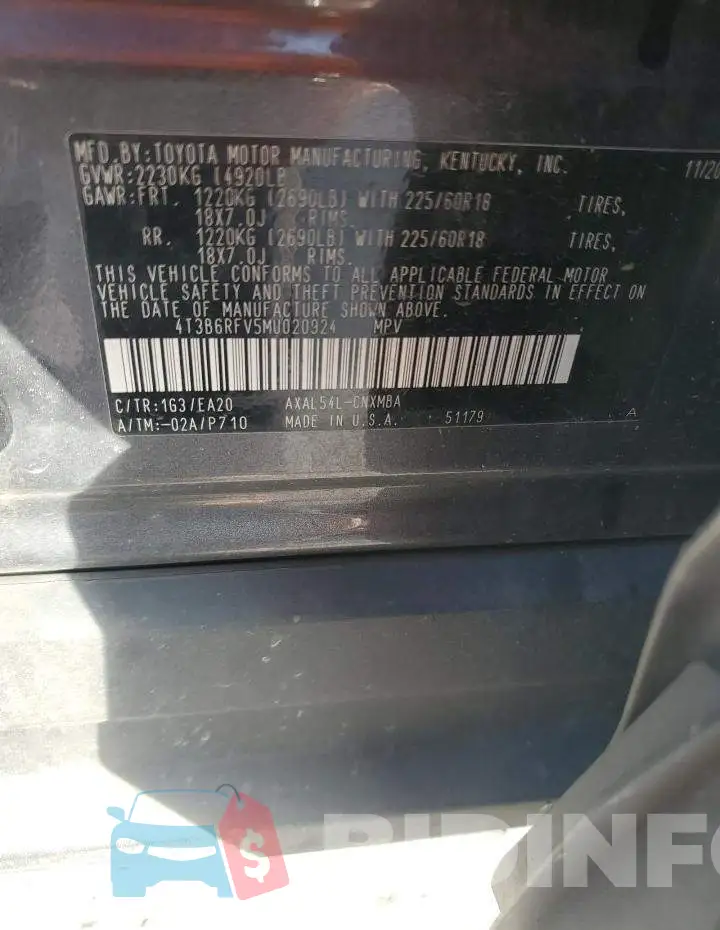 4T3B6RFV5MU020924 Photo# 13