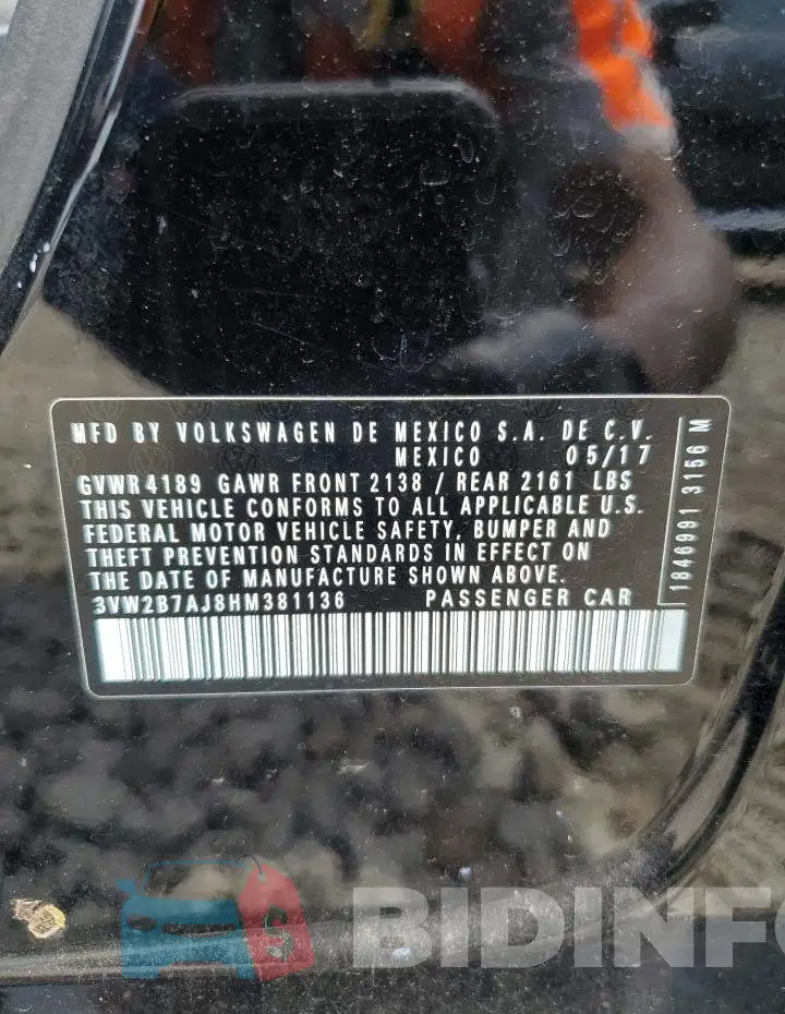 3VW2B7AJ8HM381136 Photo# 12