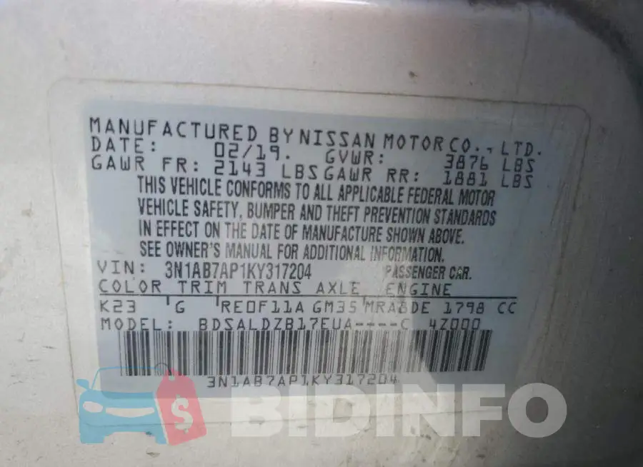 3N1AB7AP1KY317204 Photo# 12