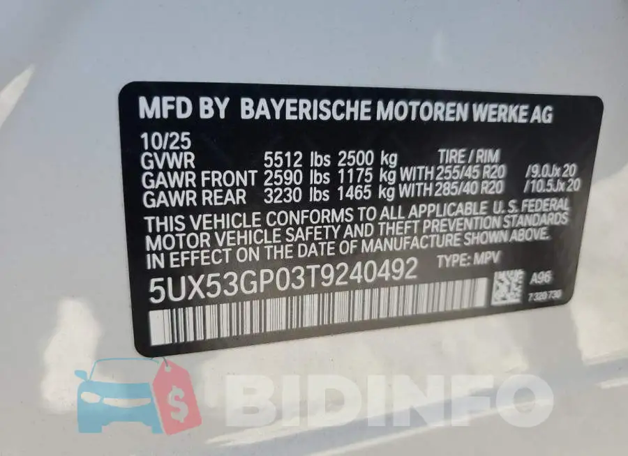 5UX53GP03T9240492 Photo# 14