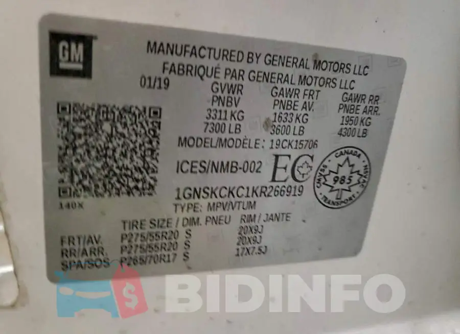 1GNSKCKC1KR266919 Photo# 14