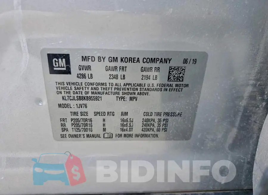 KL7CJLSB8KB955921 Photo# 12