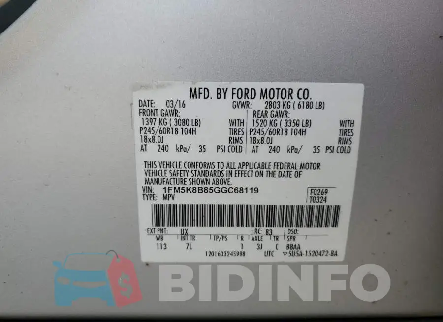 1FM5K8B85GGC68119 Photo# 12