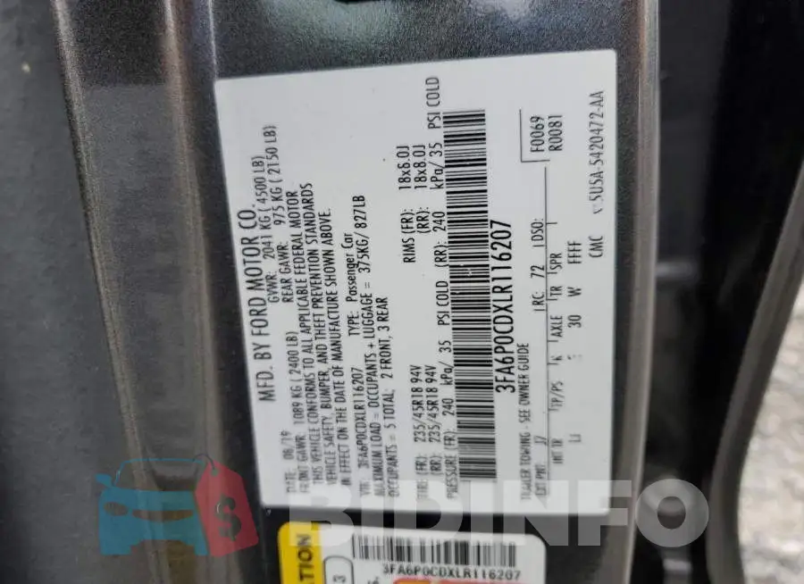 3FA6P0CDXLR116207 Photo# 12