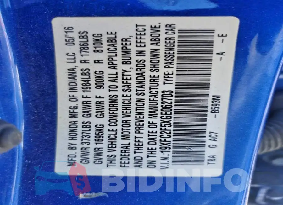 19XFC2F5XGE062703 Photo# 12