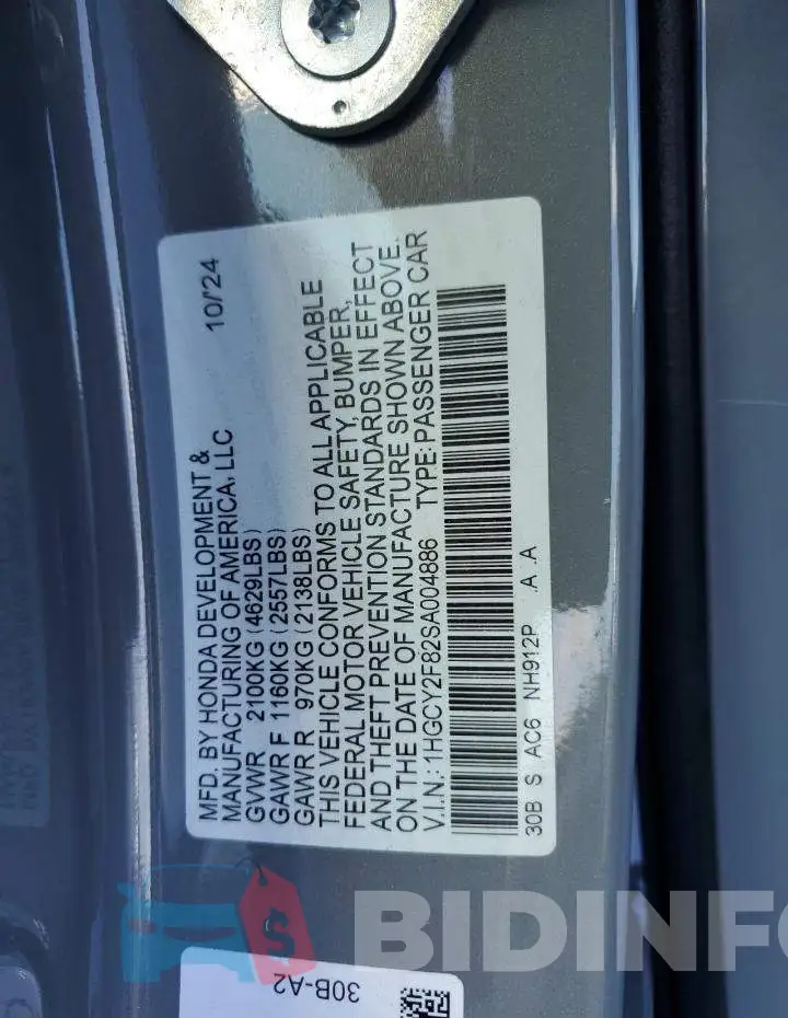1HGCY2F82SA004886 Photo# 12