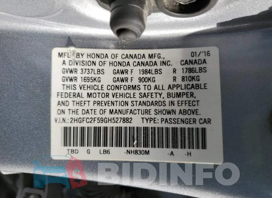 2HGFC2F59GH527882 Photo# 13