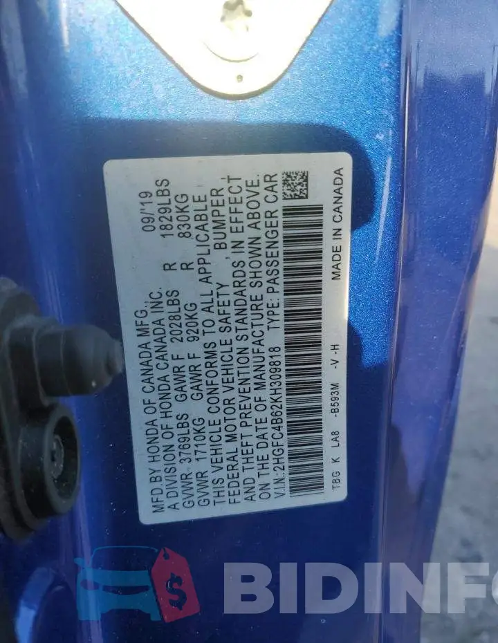 2HGFC4B62KH309818 Photo# 12