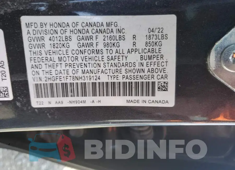 2HGFE1F78NH319124 Photo# 12