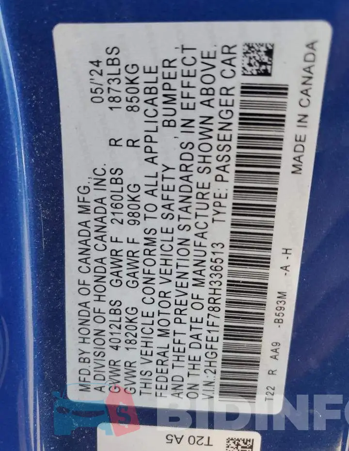 2HGFE1F78RH336513 Photo# 12