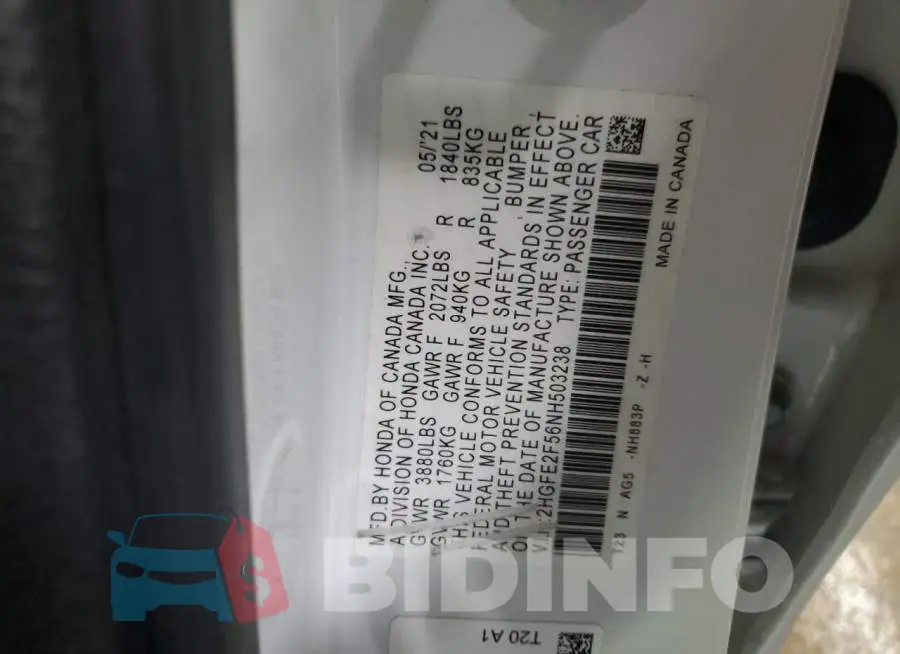 2HGFE2F56NH503238 Photo# 12