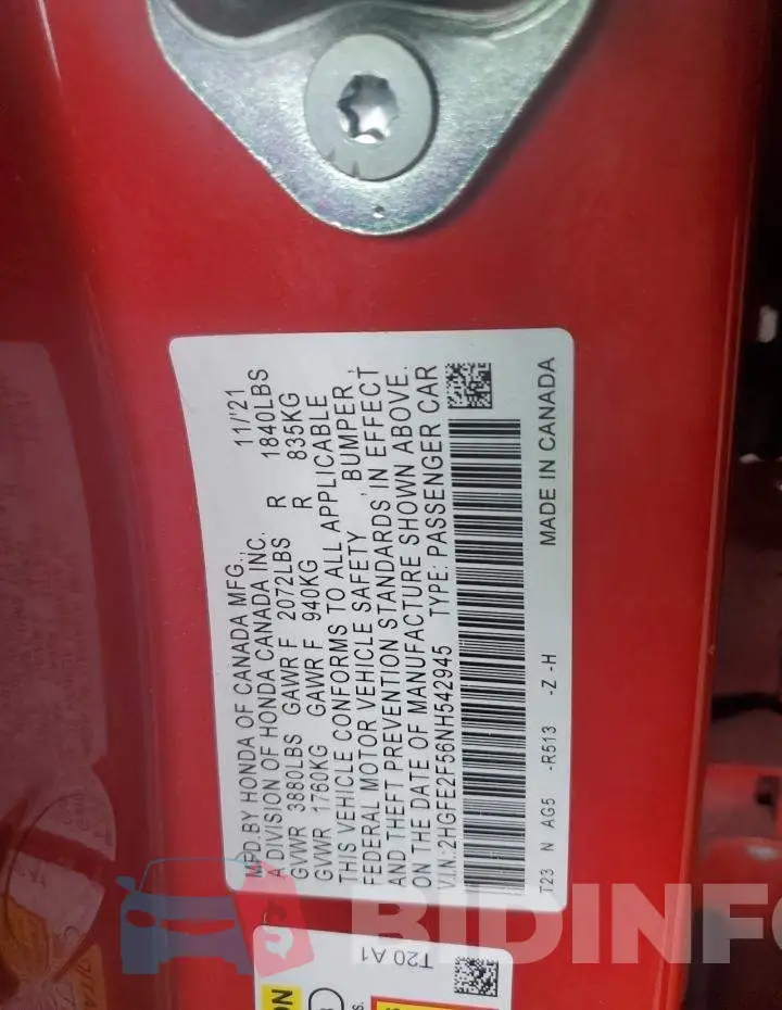 2HGFE2F56NH542945 Photo# 12