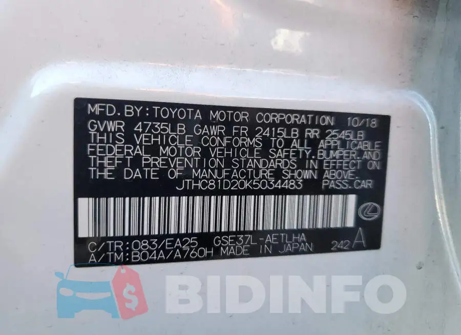 JTHC81D20K5034483 Photo# 12