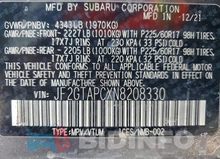 JF2GTAPCXN8208330 Photo# 12