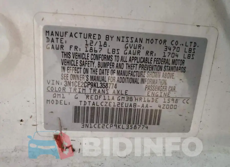 3N1CE2CP9KL358774 Photo# 12