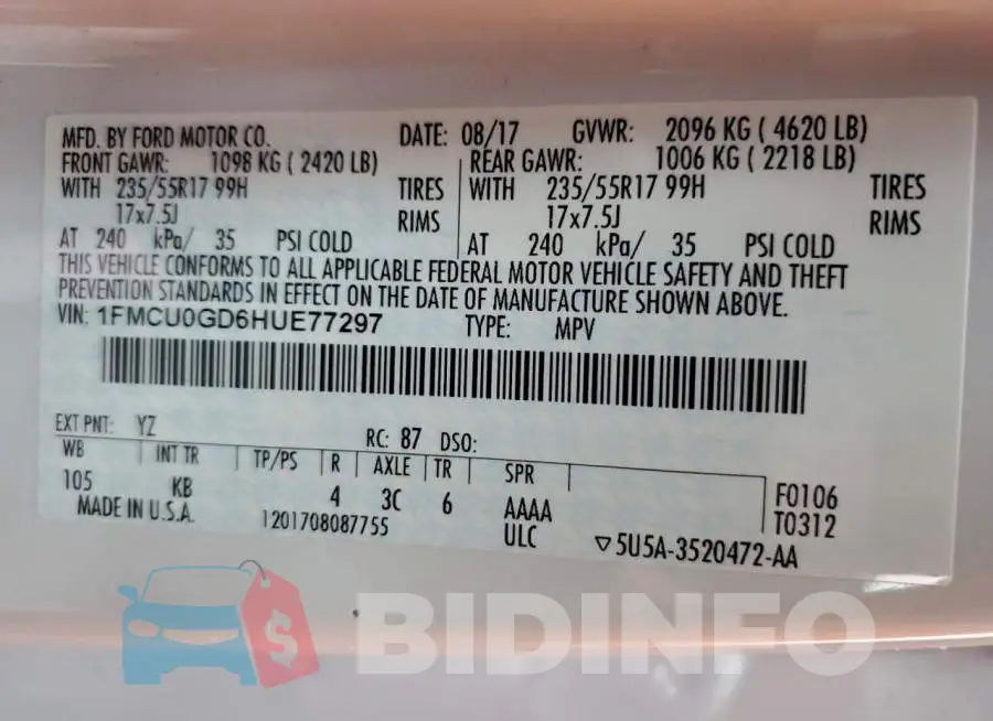 1FMCU0GD6HUE77297 Photo# 13