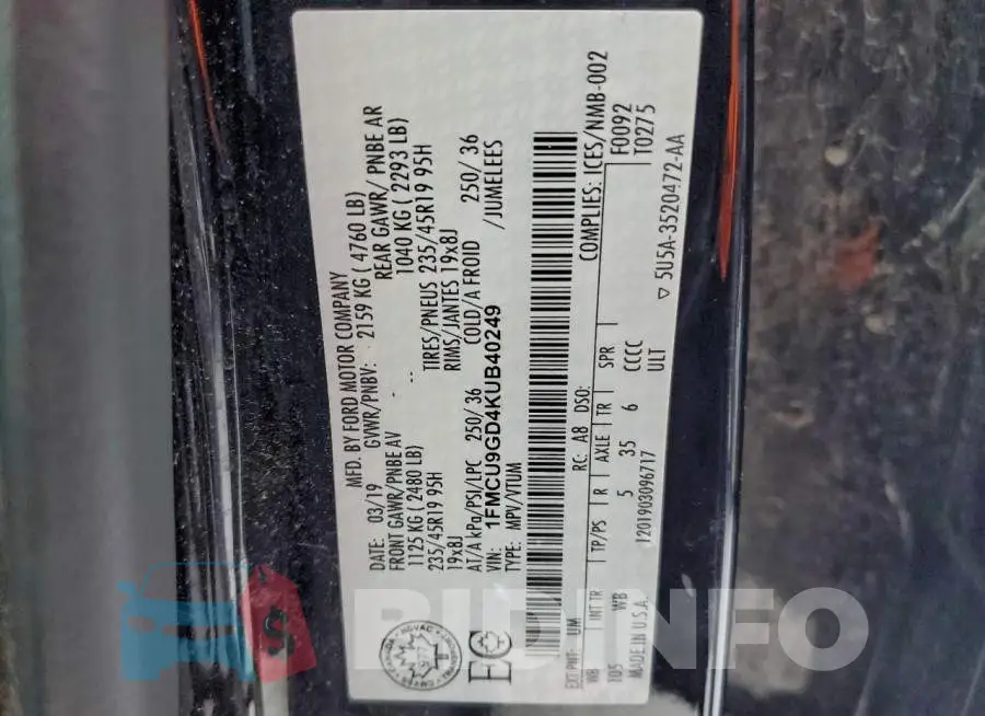 1FMCU9GD4KUB40249 Photo# 14