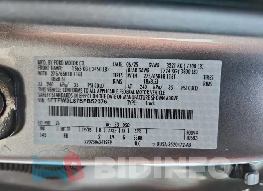 1FTFW3L87SFB52076 Photo# 12