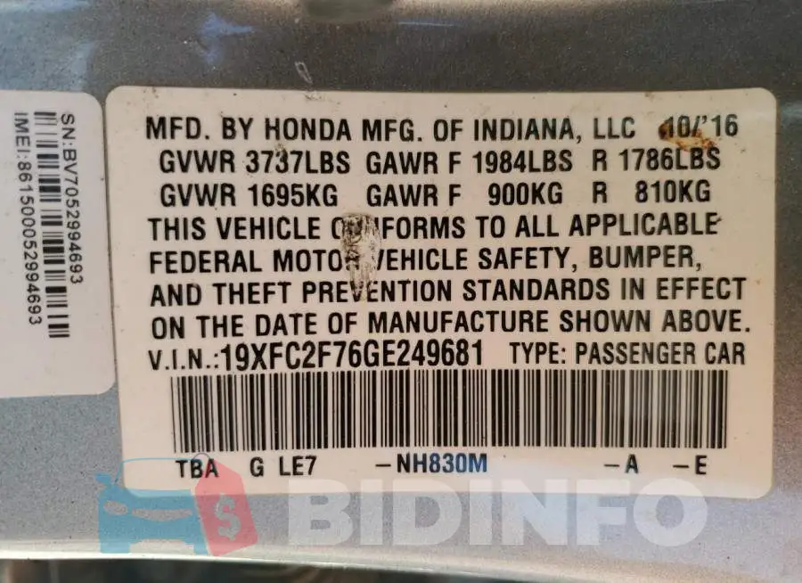 19XFC2F76GE249681 Photo# 12