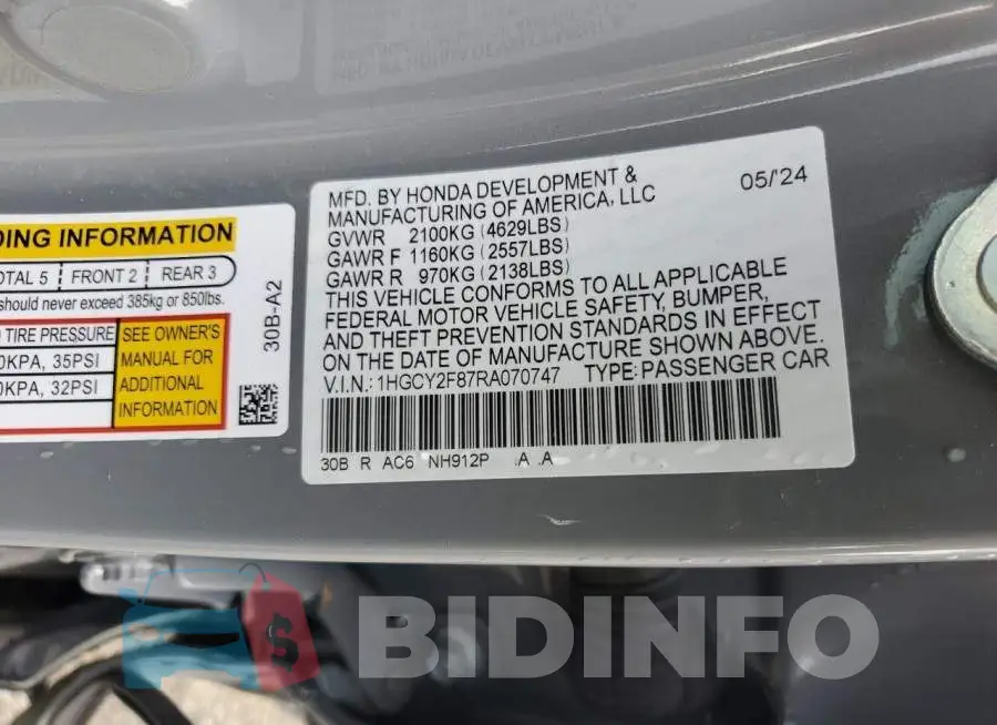 1HGCY2F87RA070747 Photo# 12
