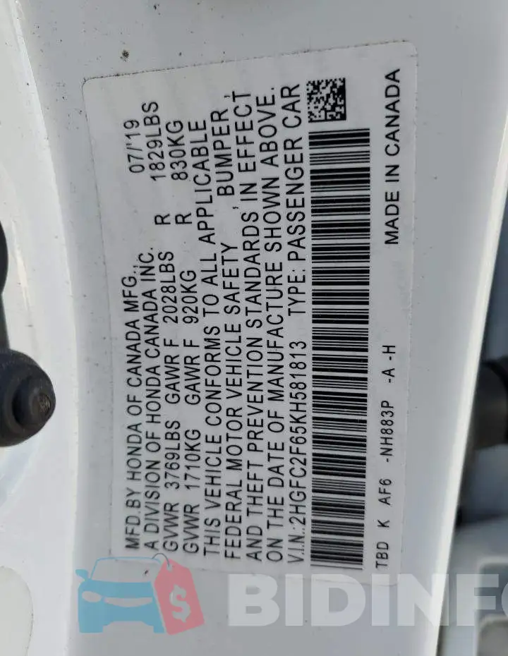 2HGFC2F65KH581813 Photo# 12
