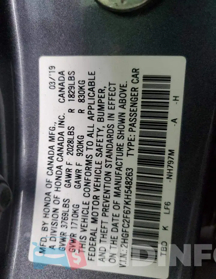 2HGFC2F67KH548263 Photo# 12