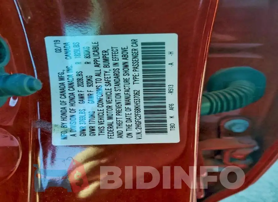 2HGFC2F68KH537062 Photo# 12