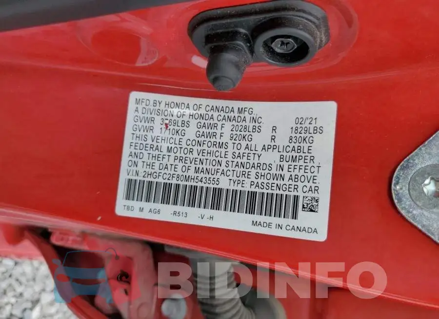 2HGFC2F80MH543555 Photo# 12