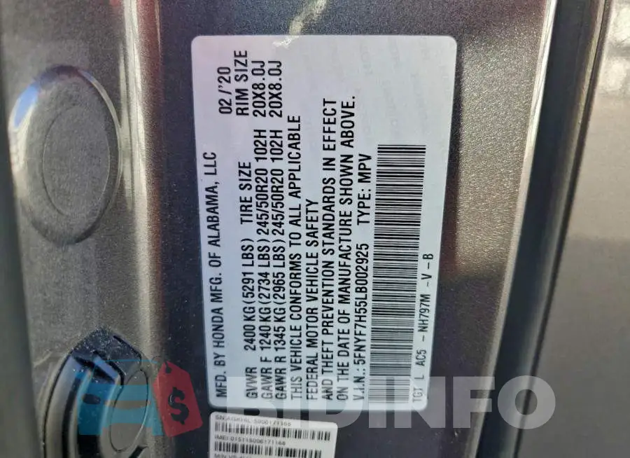 5FNYF7H55LB002925 Photo# 13